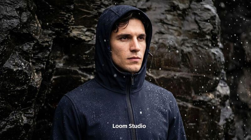 AI-generated scene of a man in a hooded jacket in the rain against dark rocks, from a LOOM Studio campaign visual