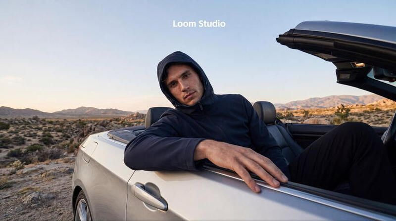 AI-generated scene from LOOM Studio of a man sitting in the driver's seat of a silver convertible, arm resting on the door, in a desert landscape at dusk